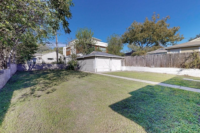 view of yard featuring a fenced backyard and an outdoor structure