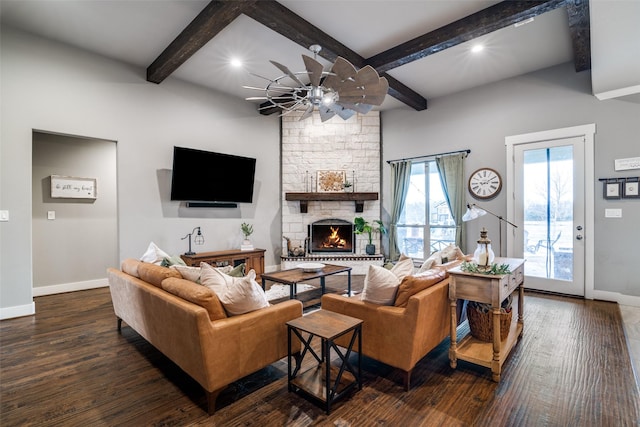 living room with ceiling fan, baseboards, and dark wood finished floors