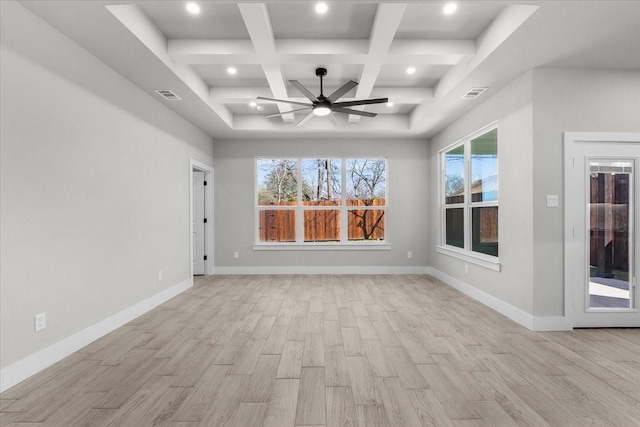 empty room with coffered ceiling, baseboards, visible vents, and light wood finished floors