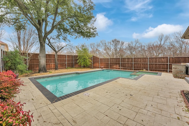 view of pool with a fenced in pool, a fenced backyard, and a patio