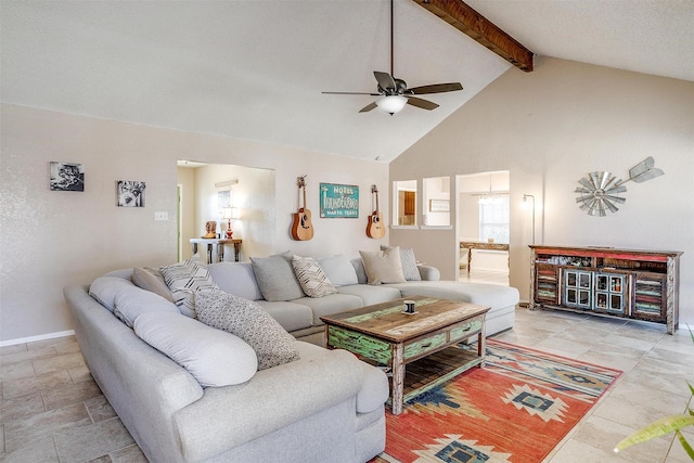 living area featuring high vaulted ceiling, beam ceiling, ceiling fan, and baseboards