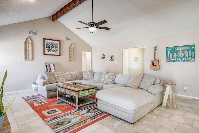 living room with lofted ceiling with beams, a ceiling fan, visible vents, and baseboards