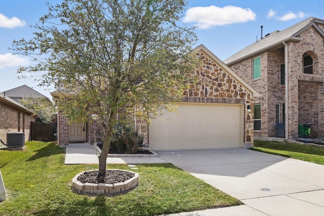 view of front of home with a garage, concrete driveway, stone siding, cooling unit, and brick siding