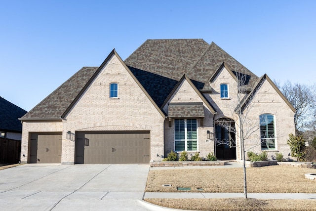 french country style house with brick siding, driveway, a shingled roof, and a garage