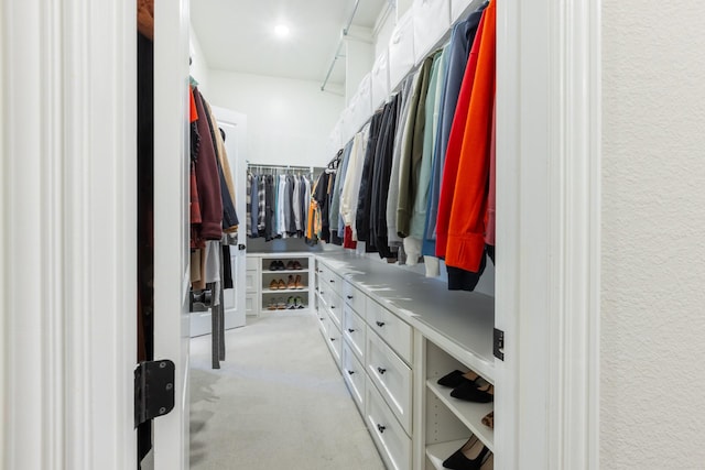 walk in closet with light colored carpet