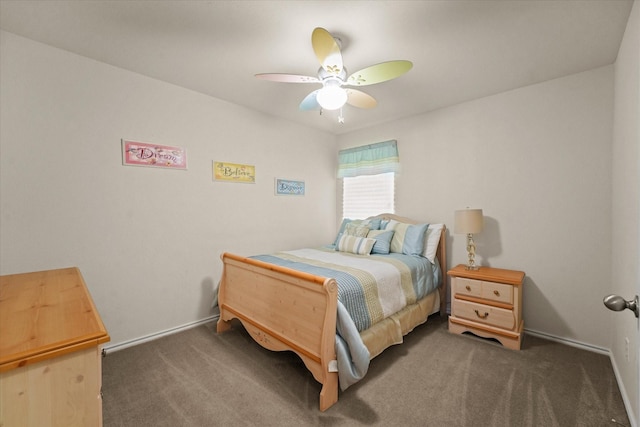 bedroom featuring a ceiling fan, baseboards, and carpet flooring