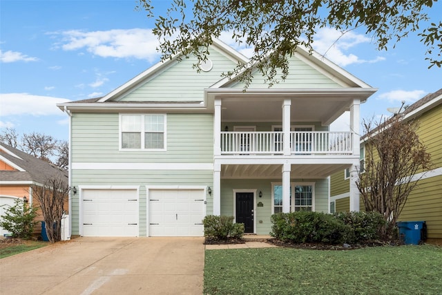 view of front of home with a balcony, a garage, covered porch, concrete driveway, and a front lawn