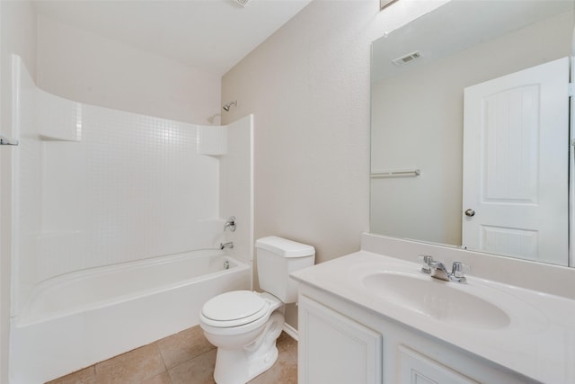 full bathroom with toilet, visible vents, vanity,  shower combination, and tile patterned floors