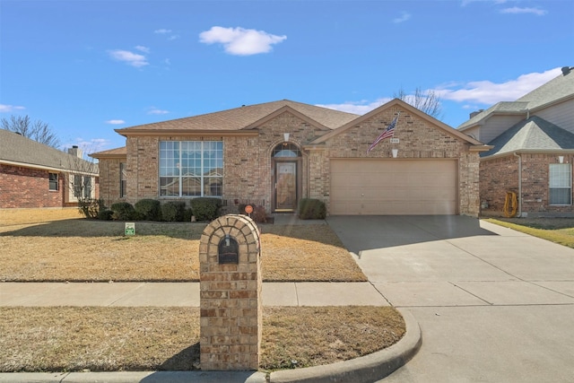 view of front of house featuring concrete driveway, brick siding, an attached garage, and a shingled roof