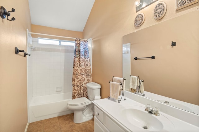 bathroom featuring shower / bath combination with curtain, lofted ceiling, toilet, vanity, and tile patterned floors