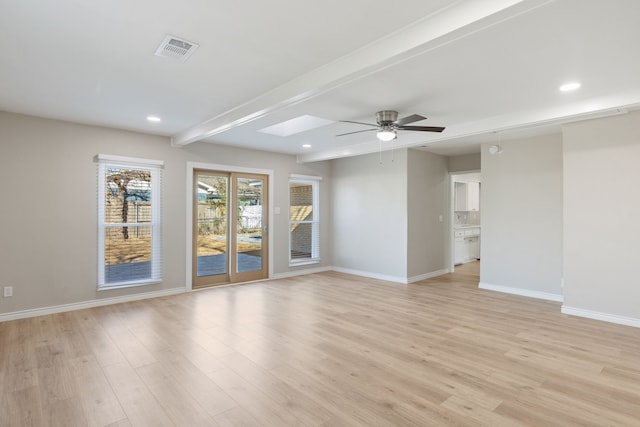 unfurnished living room with light wood-style floors, a skylight, visible vents, and recessed lighting