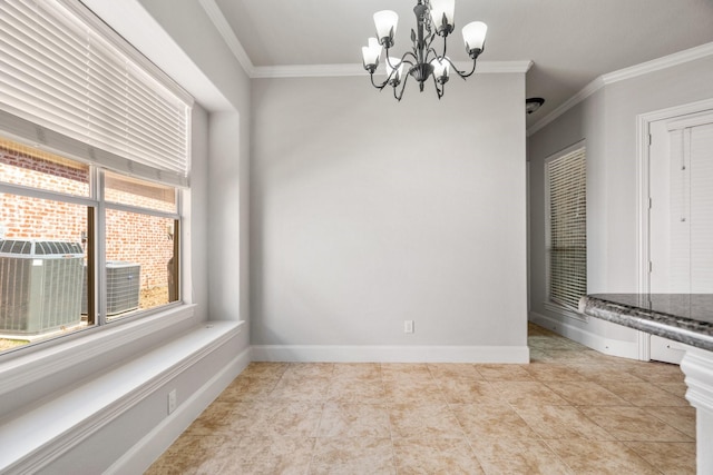 unfurnished dining area with a notable chandelier, ornamental molding, light tile patterned floors, and baseboards