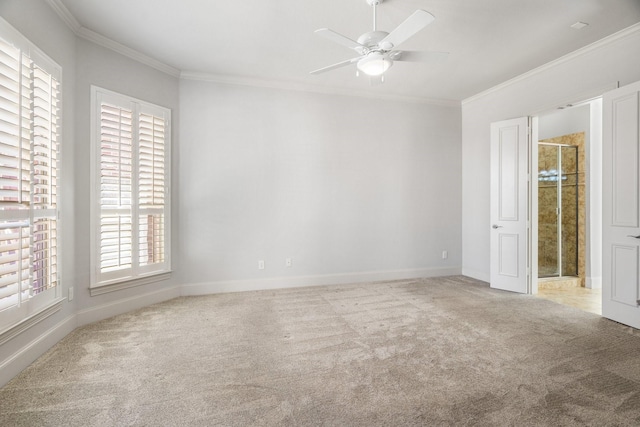 carpeted empty room featuring ceiling fan, ornamental molding, and baseboards