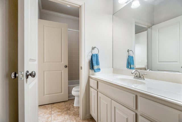 full bathroom featuring toilet, vanity,  shower combination, tile patterned floors, and crown molding