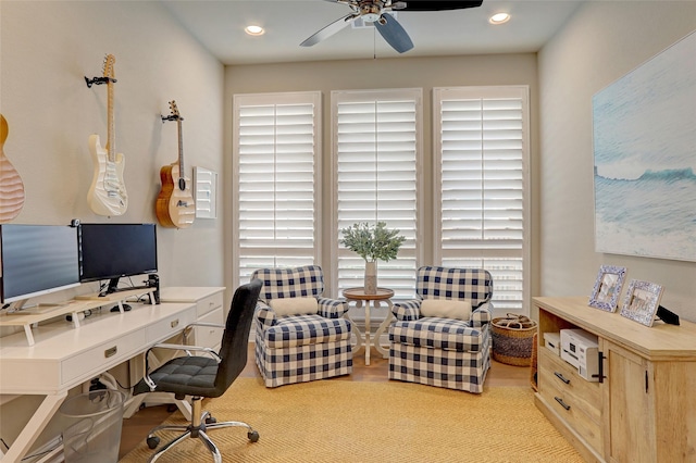 office featuring ceiling fan and recessed lighting