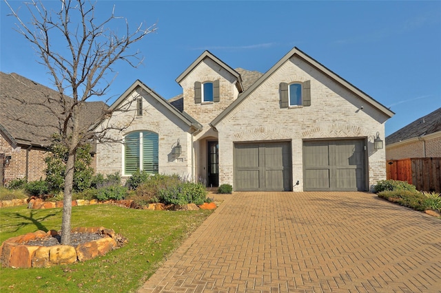 french country inspired facade with a garage, brick siding, decorative driveway, and a front yard