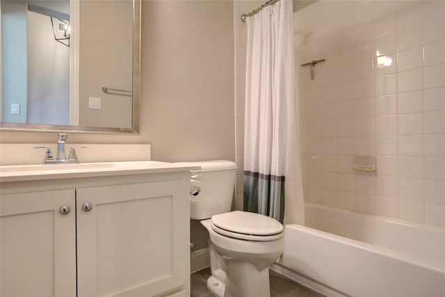 bathroom with vanity, toilet, and shower / bathtub combination with curtain