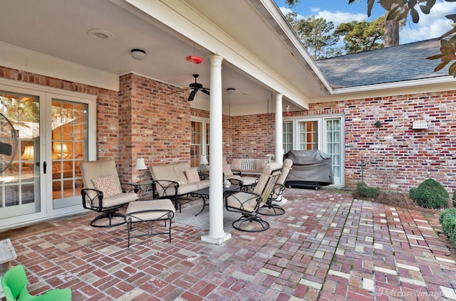 view of patio with grilling area, a ceiling fan, and french doors