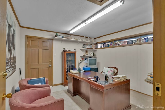 office featuring ornamental molding and light colored carpet