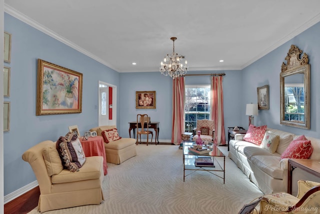 living room with baseboards, ornamental molding, a chandelier, and recessed lighting