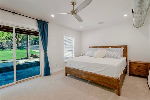 bedroom featuring light carpet, baseboards, a ceiling fan, access to outside, and recessed lighting