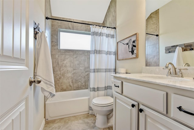 bathroom with tile patterned flooring, vanity, toilet, and shower / bathtub combination with curtain