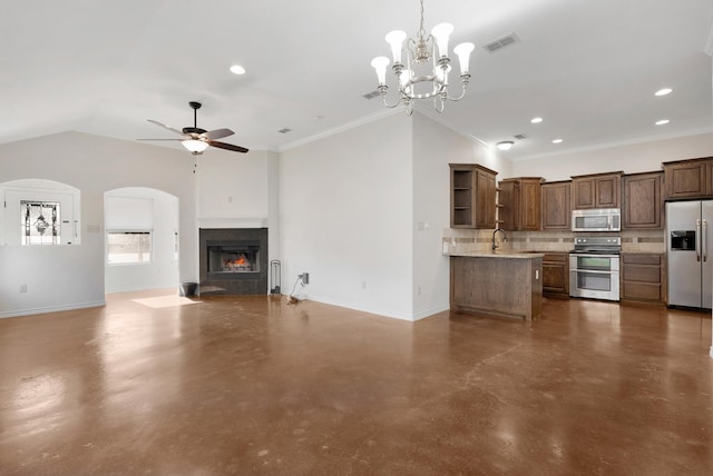 kitchen with visible vents, appliances with stainless steel finishes, open floor plan, concrete floors, and open shelves