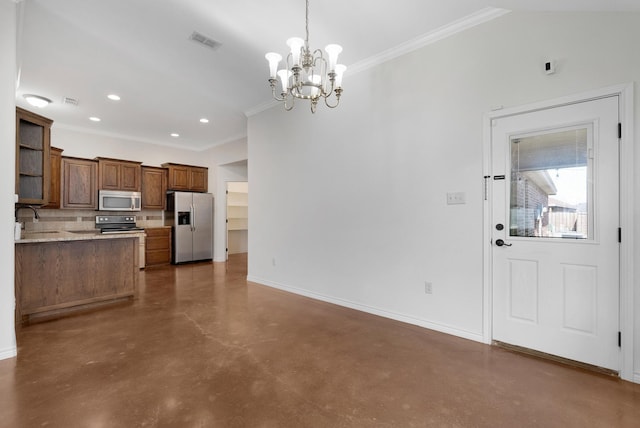 kitchen with stainless steel appliances, concrete floors, a sink, visible vents, and open shelves