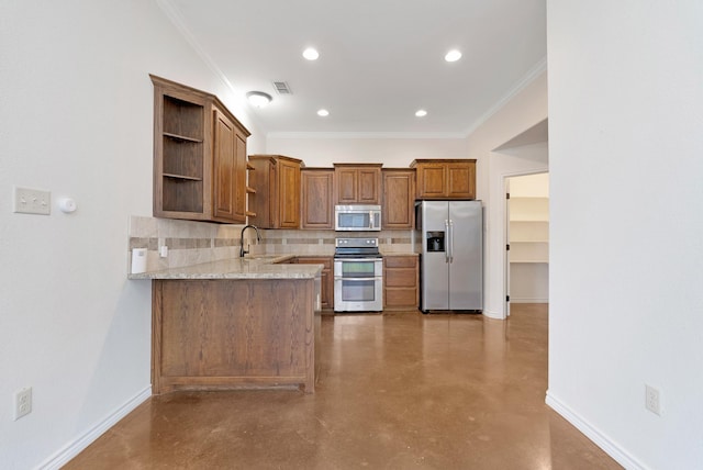 kitchen with concrete flooring, stainless steel appliances, baseboards, open shelves, and tasteful backsplash