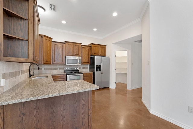 kitchen featuring baseboards, visible vents, appliances with stainless steel finishes, concrete flooring, and a sink