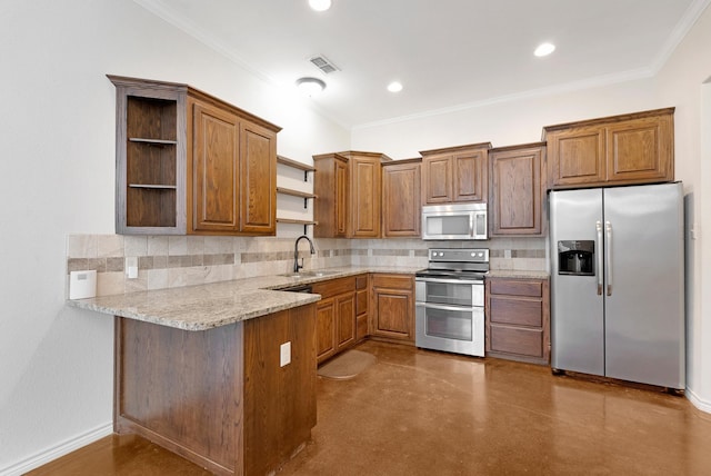 kitchen with visible vents, appliances with stainless steel finishes, a peninsula, open shelves, and a sink