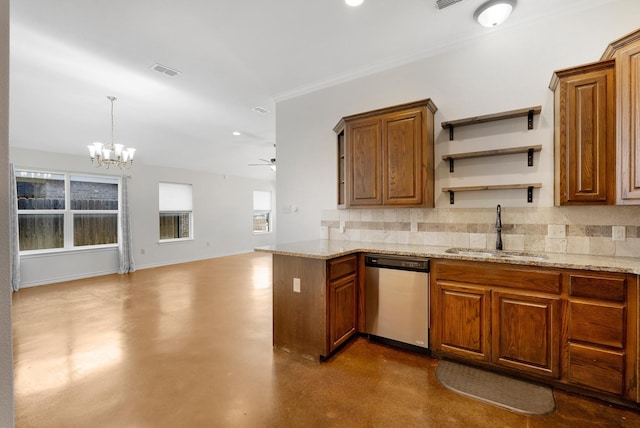 kitchen with tasteful backsplash, visible vents, finished concrete floors, a sink, and dishwasher