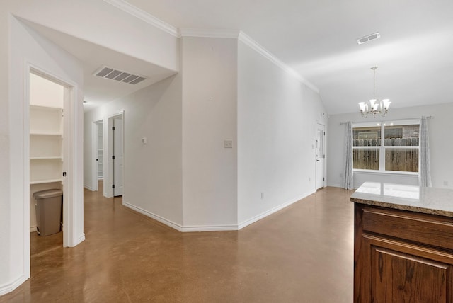 interior space featuring a chandelier, visible vents, finished concrete flooring, and baseboards