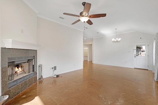 living room with finished concrete flooring, baseboards, visible vents, crown molding, and a fireplace