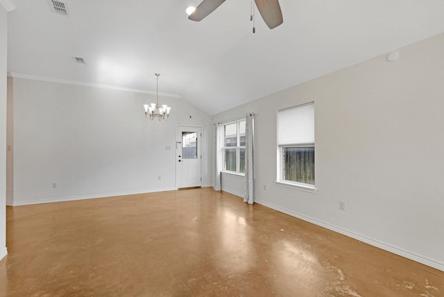 unfurnished living room with baseboards, visible vents, concrete flooring, and ceiling fan with notable chandelier