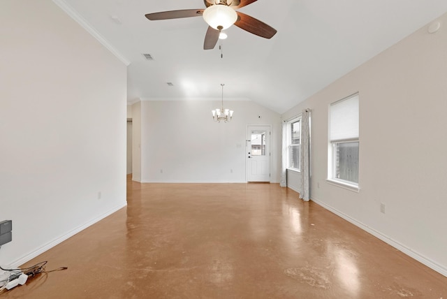 unfurnished living room featuring baseboards, visible vents, and finished concrete floors