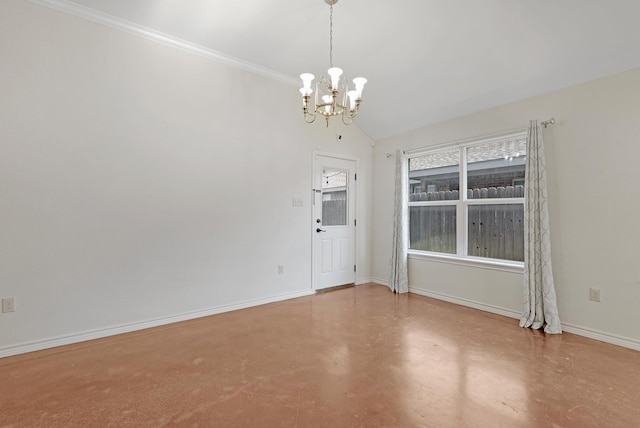 spare room with lofted ceiling, finished concrete flooring, baseboards, and an inviting chandelier