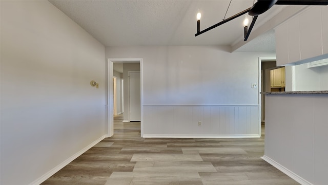 unfurnished room featuring a textured ceiling, wainscoting, and light wood-style flooring