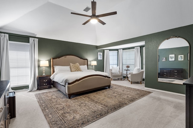 bedroom featuring high vaulted ceiling, carpet, visible vents, and a ceiling fan