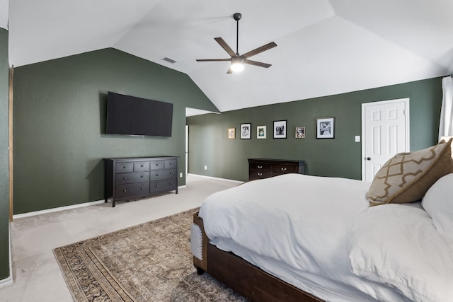 bedroom with carpet floors, lofted ceiling, visible vents, ceiling fan, and baseboards