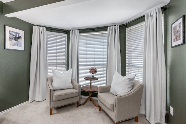 sitting room with light carpet and baseboards