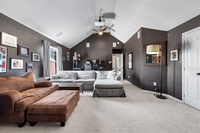 living area with visible vents, baseboards, a ceiling fan, carpet, and vaulted ceiling