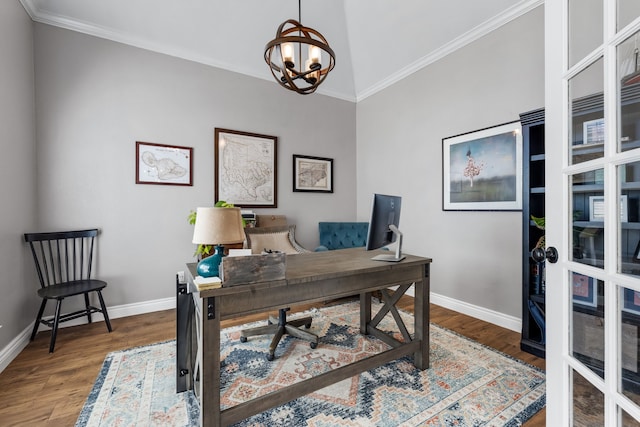 home office with crown molding, baseboards, and wood finished floors