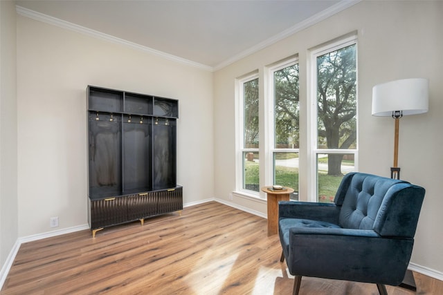 living area featuring baseboards, ornamental molding, and wood finished floors