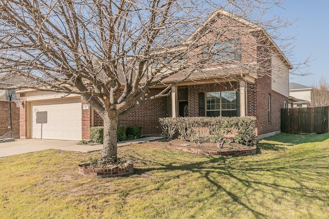 view of front facade featuring concrete driveway, brick siding, and a front lawn