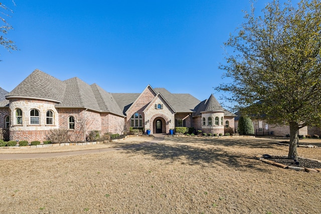 french country home featuring brick siding, a shingled roof, and a front lawn