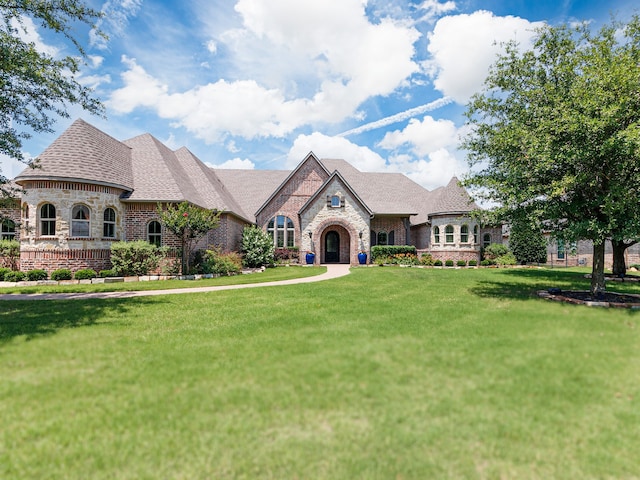 2161 Meadow View Dr, Prosper, TX 75078 - french country home with a front yard, brick siding, and stone siding