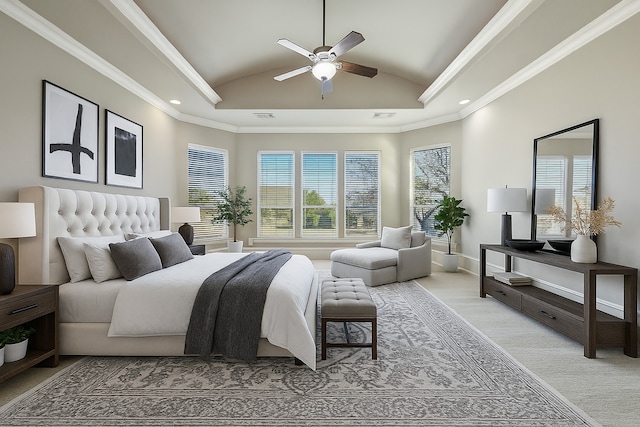 2161 Meadow View Dr, Prosper, TX 75078 - bedroom with vaulted ceiling, recessed lighting, ornamental molding, and ceiling fan