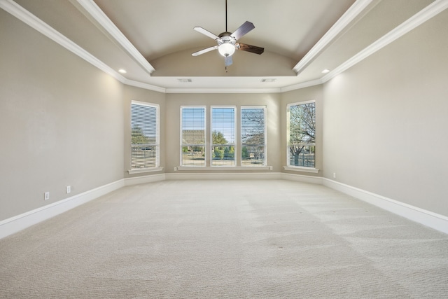 empty room with light carpet, baseboards, and ornamental molding