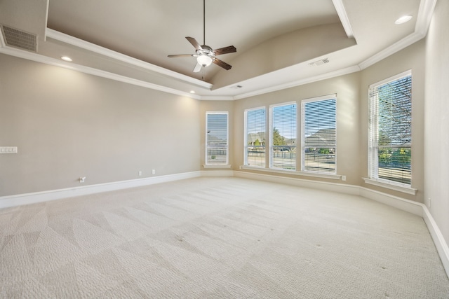 2161 Meadow View Dr, Prosper, TX 75078 - unfurnished room with a tray ceiling, ceiling fan, ornamental molding, light carpet, and recessed lighting